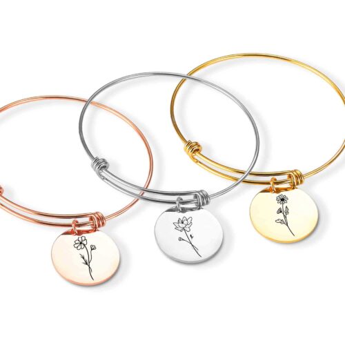 Custom Birth Flower Bracelet for Women – Personalized Engraved Floral Jewelry
