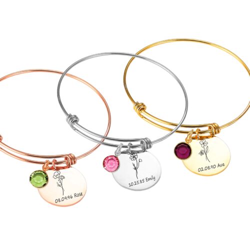 Personalized Bracelet with Name, Date, Birth Flower, and Birthstone