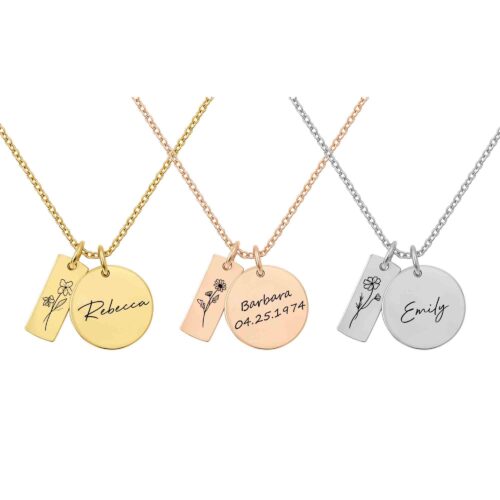 Personalized Name and Date Necklace with Birth Flower