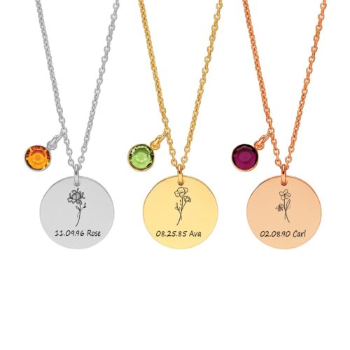 Personalized Jewelry with Name, Date, Birth Flower, and Birthstone
